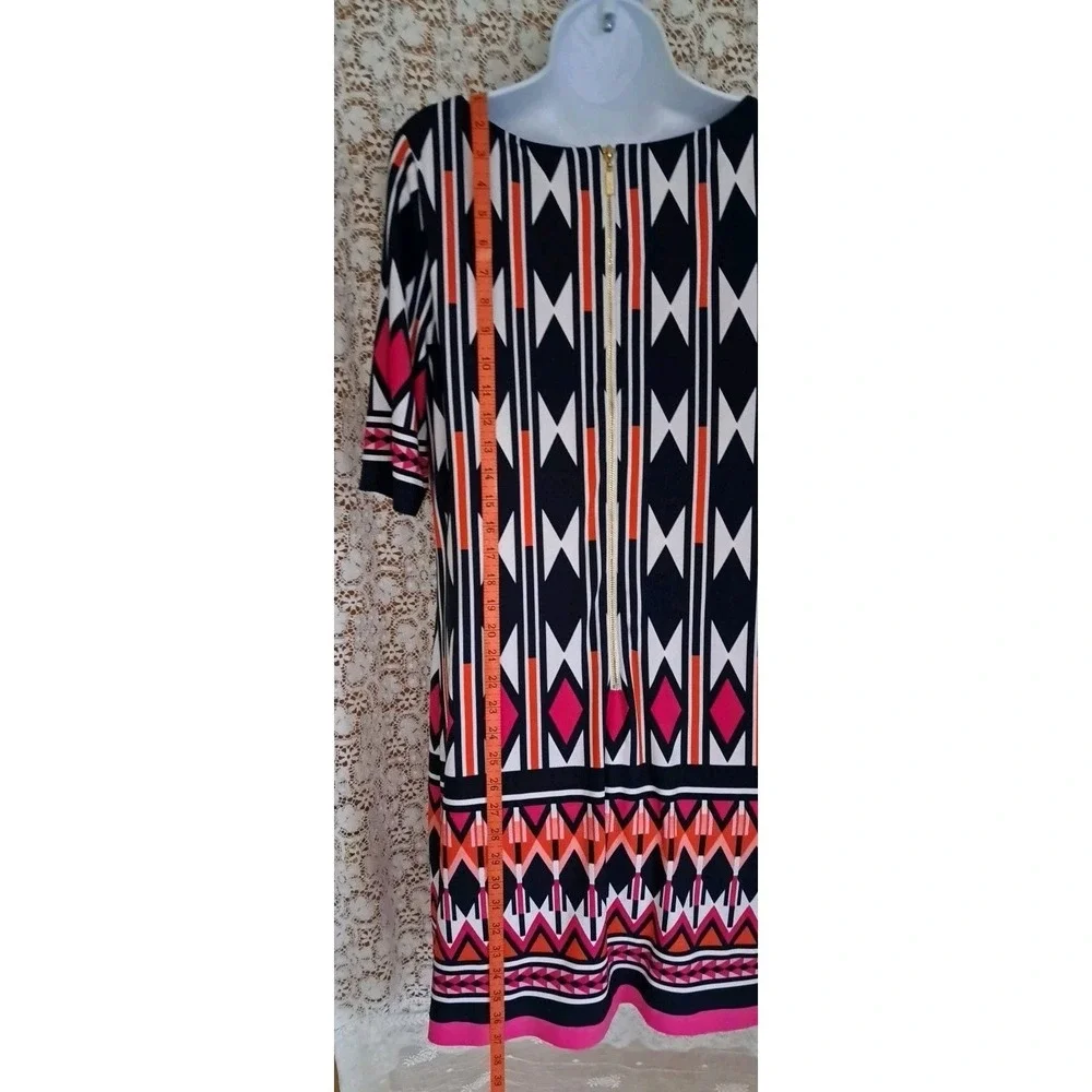 Eliza J Shift Dress 12 Abstract Print Artsy Stretch‎ Knit Lined Back Zip Beachy